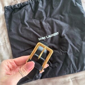 Saint Laurent Black Leather Belt with Gold Buckle, size 75